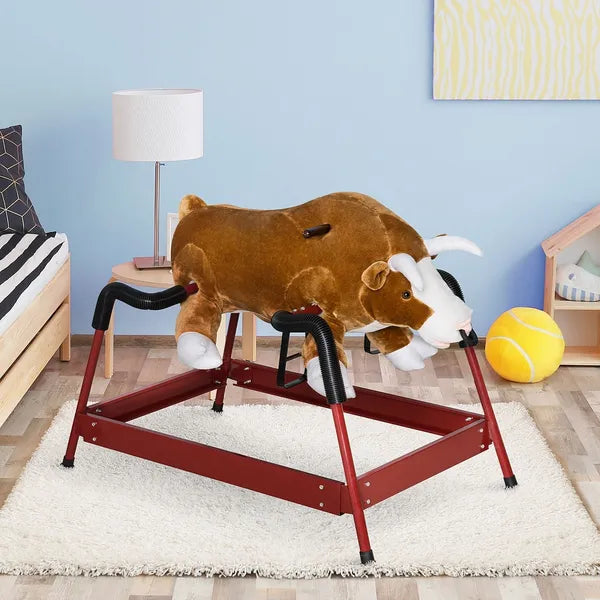 Qaba Kids Spring Rocking Horse, Rocking Rodeo Bull Ride On Rocking Horse with Realistic Sounds and Soft Plush Fabric, for Kids Over 3, Brown - product image 2