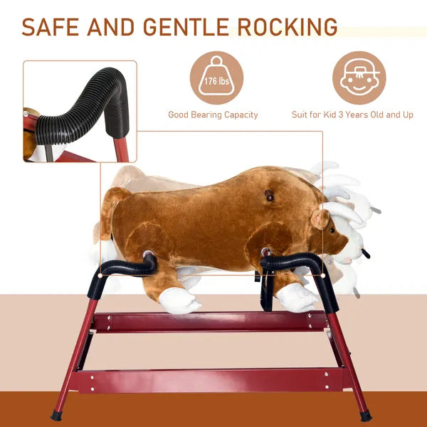 Qaba Kids Spring Rocking Horse, Rocking Rodeo Bull Ride On Rocking Horse with Realistic Sounds and Soft Plush Fabric, for Kids Over 3, Brown - product image 4