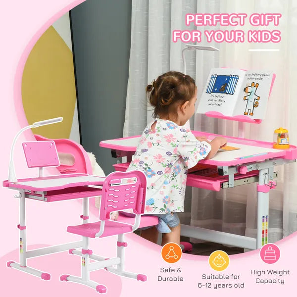 Kids Table and Chair Set with USB Light, Storage Drawer, Pink - product image 4