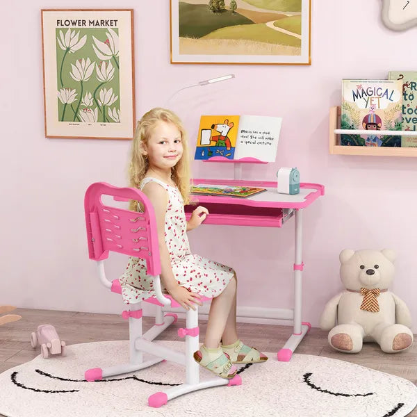 Kids Table and Chair Set with USB Light, Storage Drawer, Pink - product image 2