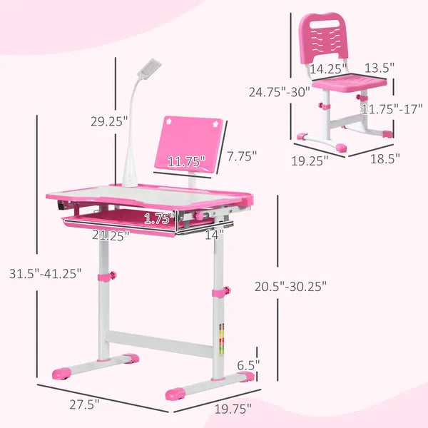 Kids Table and Chair Set with USB Light, Storage Drawer, Pink - product image 3