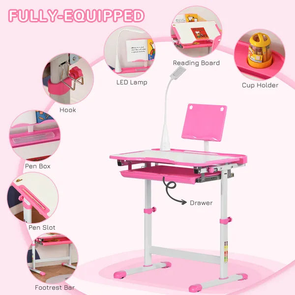 Kids Table and Chair Set with USB Light, Storage Drawer, Pink - product image 5