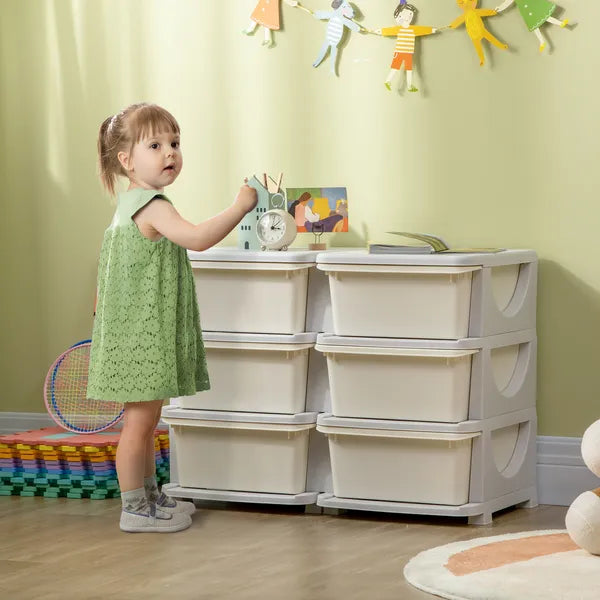 Qaba Kids Toy Storage Organizer, Cream with 6 Drawers, 3 Tier Units for Nursery, Playroom, Kindergarten - product image 2