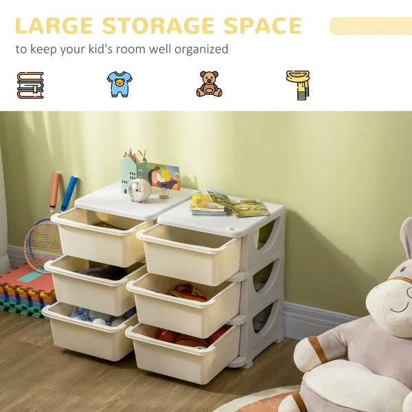 Qaba Kids Toy Storage Organizer, Cream with 6 Drawers, 3 Tier Units for Nursery, Playroom, Kindergarten - product image 4