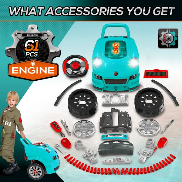 HOMCOM Kids Truck Engine Mechanic Toy | Includes 61 Pieces, Steering Wheel, Horn, Light, RC Car Key | Teal | for Ages 3-5 - product image 6