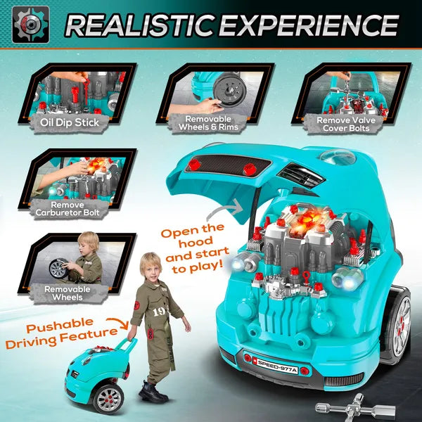 HOMCOM Kids Truck Engine Mechanic Toy | Includes 61 Pieces, Steering Wheel, Horn, Light, RC Car Key | Teal | for Ages 3-5 - product image 4