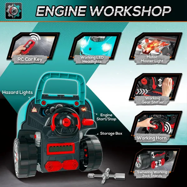 HOMCOM Kids Truck Engine Mechanic Toy | Includes 61 Pieces, Steering Wheel, Horn, Light, RC Car Key | Teal | for Ages 3-5 - product image 5