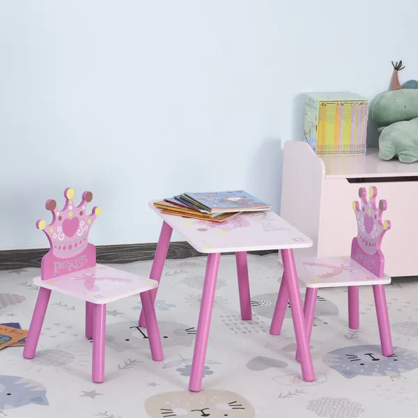 Kids Wood Table and Chair, 3 Piece Set with Crown Pattern, Charming Desk for Toddlers 3-8 Years, Princess-Themed Room, Pink - product image 2