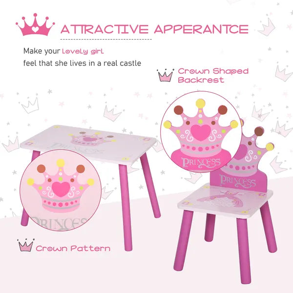 Kids Wood Table and Chair, 3 Piece Set with Crown Pattern, Charming Desk for Toddlers 3-8 Years, Princess-Themed Room, Pink - product image 7