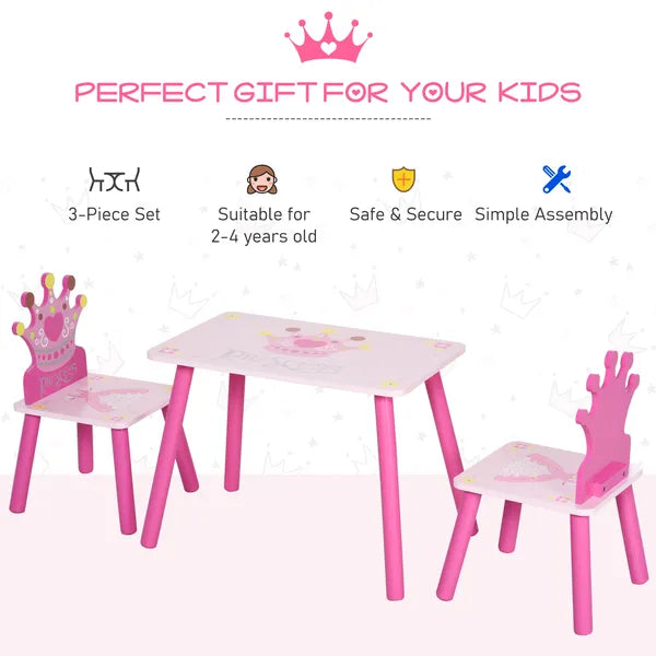 Kids Wood Table and Chair, 3 Piece Set with Crown Pattern, Charming Desk for Toddlers 3-8 Years, Princess-Themed Room, Pink - product image 6
