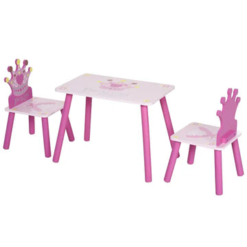 Kids Wood Table and Chair, 3 Piece Set with Crown Pattern, Charming Desk for Toddlers 3-8 Years, Princess-Themed Room, Pink - product image 1