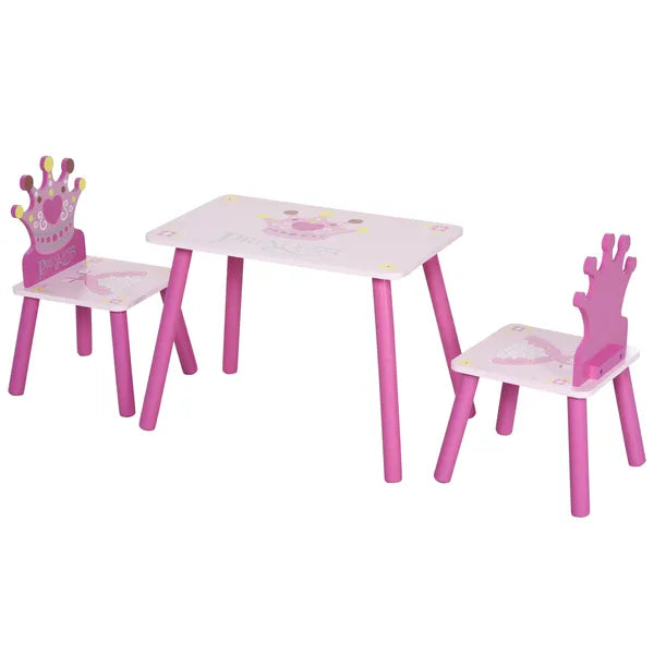 Kids Wood Table and Chair, 3 Piece Set with Crown Pattern, Charming Desk for Toddlers 3-8 Years, Princess-Themed Room, Pink - product image 1
