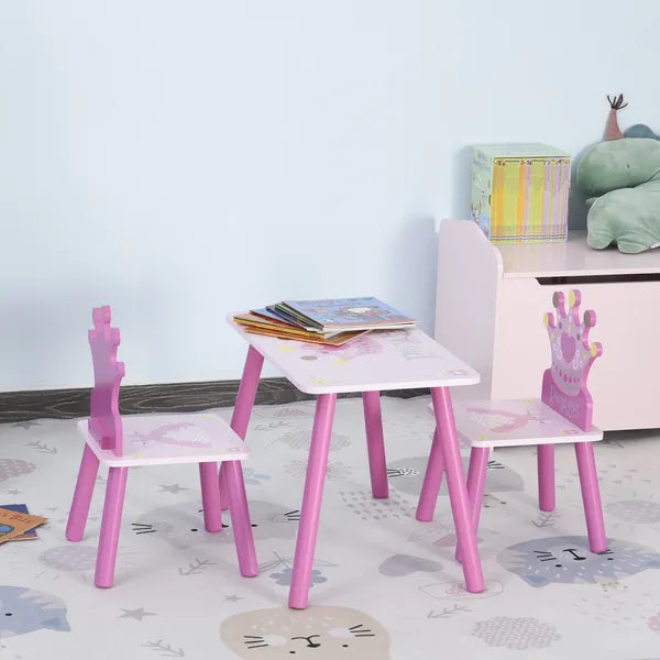 Kids Wood Table and Chair, 3 Piece Set with Crown Pattern, Charming Desk for Toddlers 3-8 Years, Princess-Themed Room, Pink - product image 10