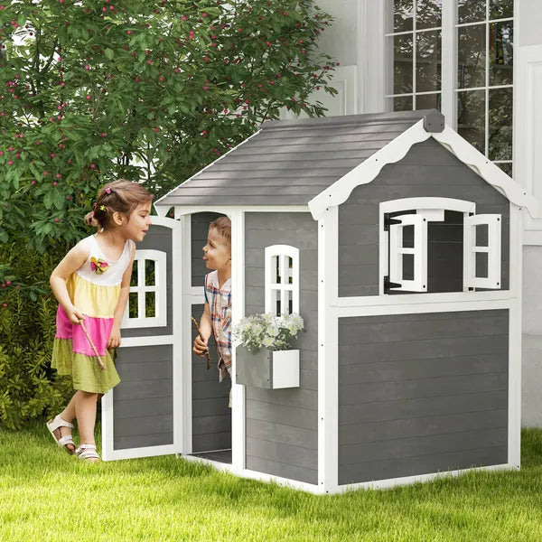 Kids' Wooden Playhouse, Outdoor with Floors, Doors, Windows, Planter Box for Ages 3-8, Backyard or Garden - product image 2
