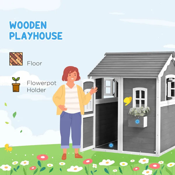 Kids' Wooden Playhouse, Outdoor with Floors, Doors, Windows, Planter Box for Ages 3-8, Backyard or Garden - product image 4