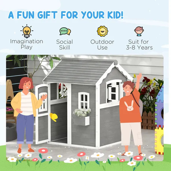 Kids' Wooden Playhouse, Outdoor with Floors, Doors, Windows, Planter Box for Ages 3-8, Backyard or Garden - product image 6
