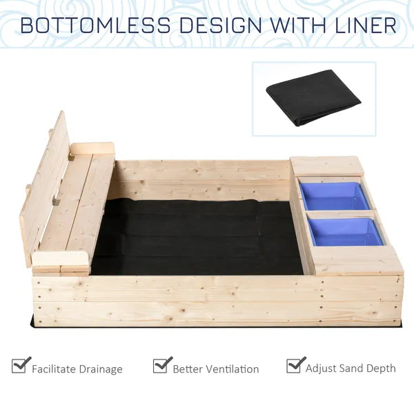 Kids Wooden Sandbox with Convertible Bench Seat, 2 Side Buckets, Waterproof Cover, and Storage Space - product image 6