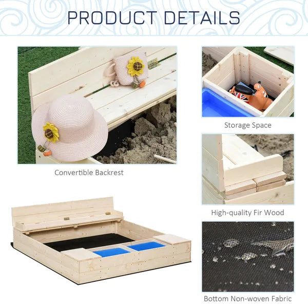 Kids Wooden Sandbox with Convertible Bench Seat, 2 Side Buckets, Waterproof Cover, and Storage Space - product image 7