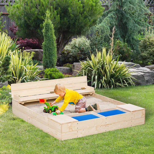 Kids Wooden Sandbox with Convertible Bench Seat, 2 Side Buckets, Waterproof Cover, and Storage Space - product image 2