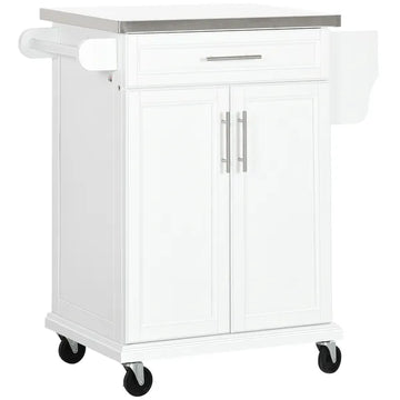 HOMCOM Kitchen Cart on Wheels, White, with Stainless Steel Countertop, Drawer, Towel and Spice Rack - product image 1