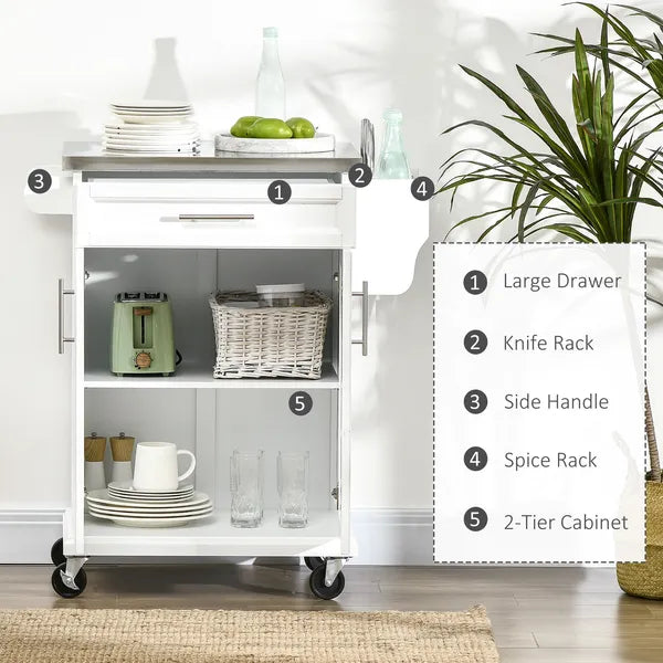 HOMCOM Kitchen Cart on Wheels, White, with Stainless Steel Countertop, Drawer, Towel and Spice Rack - product image 4