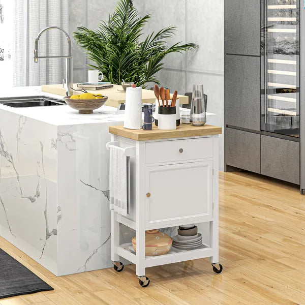HOMCOM Kitchen Cart, White, Rolling Island with Rubberwood Top, Drawer, Wine Rack, Cabinet on Wheels - product image 2