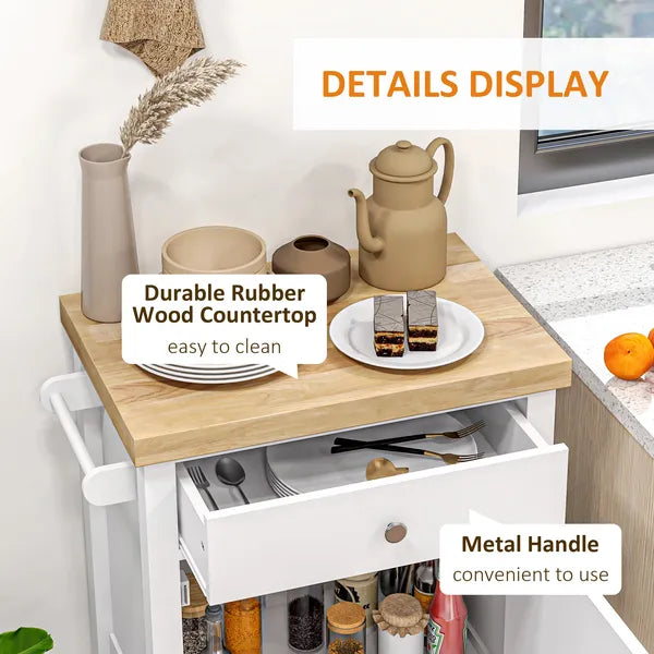 HOMCOM Kitchen Cart, White, Rolling Island with Rubberwood Top, Drawer, Wine Rack, Cabinet on Wheels - product image 6