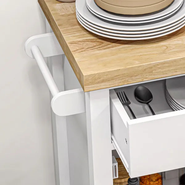 HOMCOM Kitchen Cart, White, Rolling Island with Rubberwood Top, Drawer, Wine Rack, Cabinet on Wheels - product image 9