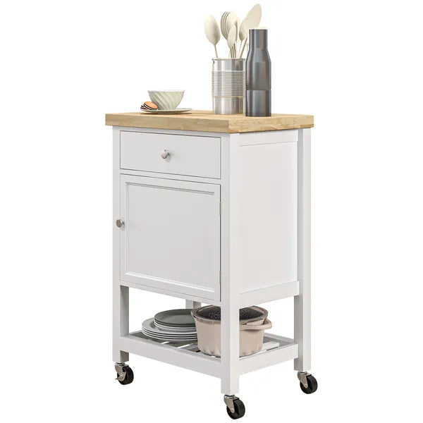 HOMCOM Kitchen Cart, White, Rolling Island with Rubberwood Top, Drawer, Wine Rack, Cabinet on Wheels - product image 1