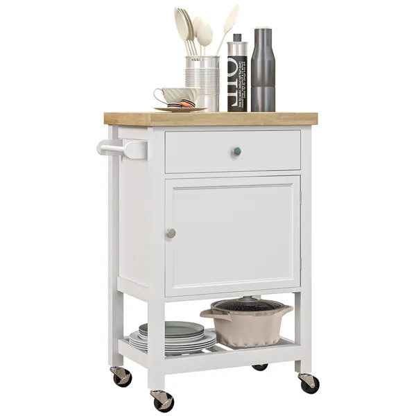 HOMCOM Kitchen Cart, White, Rolling Island with Rubberwood Top, Drawer, Wine Rack, Cabinet on Wheels - product image 11