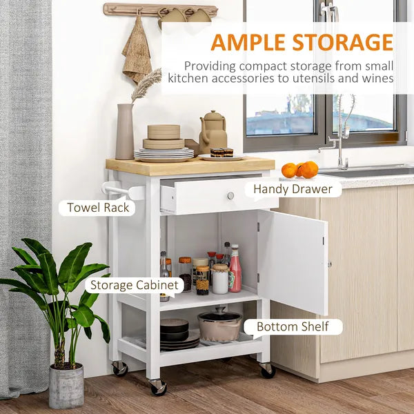 HOMCOM Kitchen Cart, White, Rolling Island with Rubberwood Top, Drawer, Wine Rack, Cabinet on Wheels - product image 4