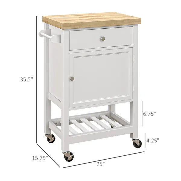 HOMCOM Kitchen Cart, White, Rolling Island with Rubberwood Top, Drawer, Wine Rack, Cabinet on Wheels - product image 3