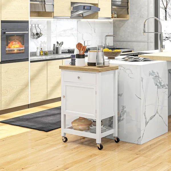 HOMCOM Kitchen Cart, White, Rolling Island with Rubberwood Top, Drawer, Wine Rack, Cabinet on Wheels - product image 7