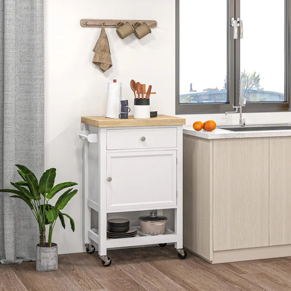 HOMCOM Kitchen Cart, White, Rolling Island with Rubberwood Top, Drawer, Wine Rack, Cabinet on Wheels - product image 10
