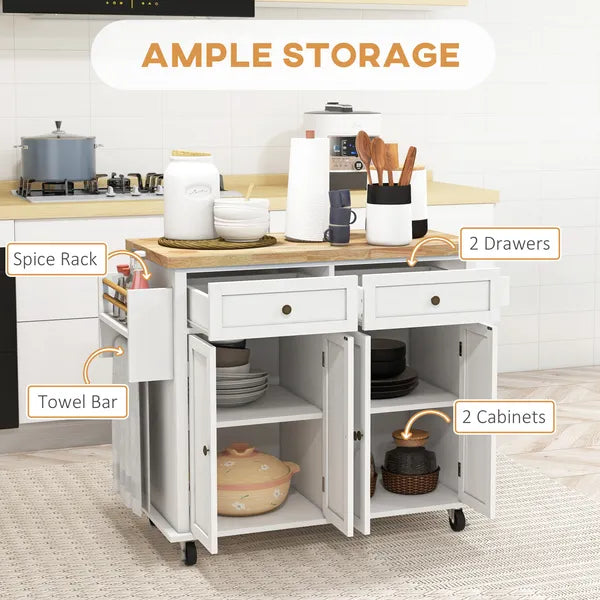 HOMCOM Kitchen Island Cart, White, Rubberwood Top, Spice/Towel Rack, Storage Drawers, Rolling Dining Room Storage - product image 4