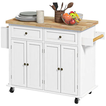HOMCOM Kitchen Island Cart, White, Rubberwood Top, Spice/Towel Rack, Storage Drawers, Rolling Dining Room Storage - product image 1