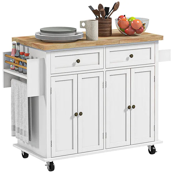HOMCOM Kitchen Island Cart, White, Rubberwood Top, Spice/Towel Rack, Storage Drawers, Rolling Dining Room Storage - product image 11