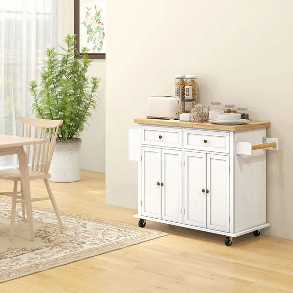 HOMCOM Kitchen Island Cart, White, Rubberwood Top, Spice/Towel Rack, Storage Drawers, Rolling Dining Room Storage - product image 2