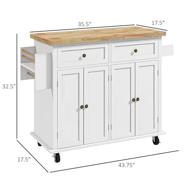HOMCOM Kitchen Island Cart, White, Rubberwood Top, Spice/Towel Rack, Storage Drawers, Rolling Dining Room Storage - product image 3