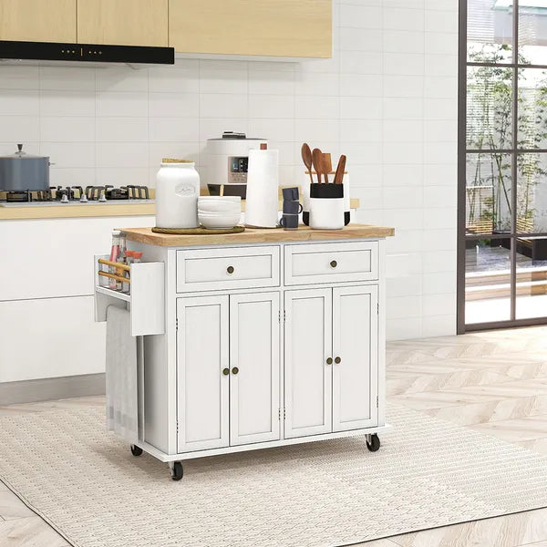 HOMCOM Kitchen Island Cart, White, Rubberwood Top, Spice/Towel Rack, Storage Drawers, Rolling Dining Room Storage - product image 10