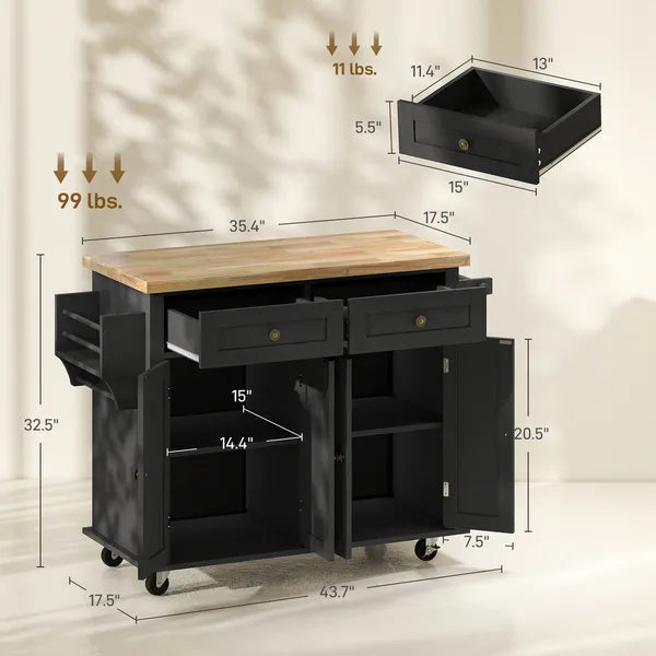 HOMCOM Kitchen Island Cart with Rubber Wood Top, Rolling Kitchen Island Table on Wheels with Drawers, Adjustable Shelves - product image 3