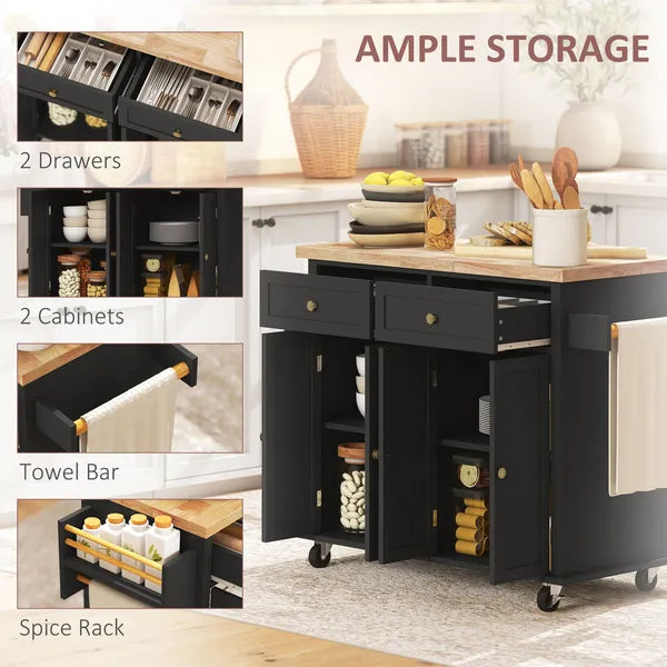 HOMCOM Kitchen Island Cart with Rubber Wood Top, Rolling Kitchen Island Table on Wheels with Drawers, Adjustable Shelves - product image 6