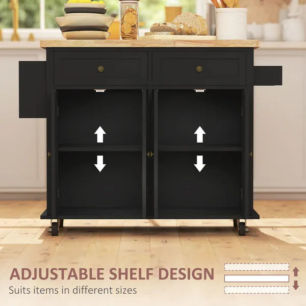 HOMCOM Kitchen Island Cart with Rubber Wood Top, Rolling Kitchen Island Table on Wheels with Drawers, Adjustable Shelves - product image 5