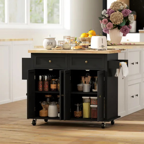HOMCOM Kitchen Island Cart with Rubber Wood Top, Rolling Kitchen Island Table on Wheels with Drawers, Adjustable Shelves - product image 8