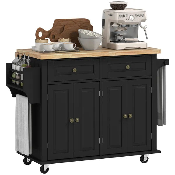 HOMCOM Kitchen Island Cart with Rubber Wood Top, Rolling Kitchen Island Table on Wheels with Drawers, Adjustable Shelves - product image 1