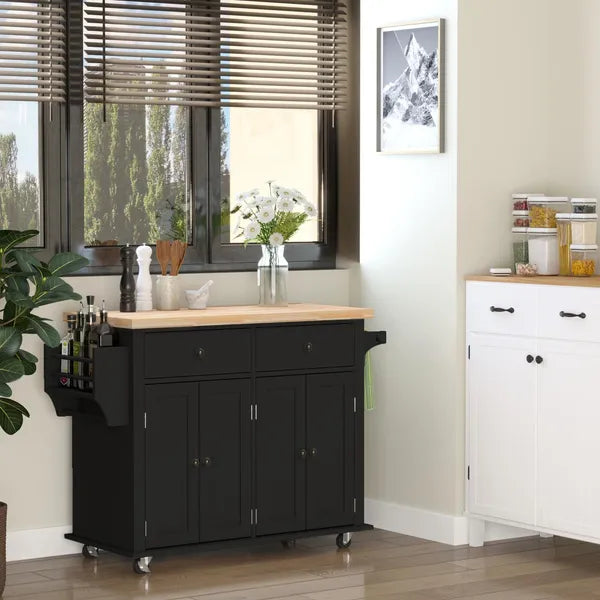 HOMCOM Kitchen Island Cart with Rubber Wood Top, Rolling Kitchen Island Table on Wheels with Drawers, Adjustable Shelves - product image 2