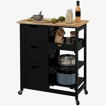 HOMCOM Kitchen Island on Wheels, Black, with Wood Top, Shelves and Drawers - product image 1