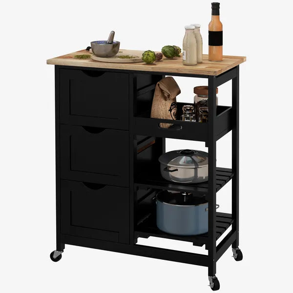 HOMCOM Kitchen Island on Wheels, Black, with Wood Top, Shelves and Drawers - product image 1