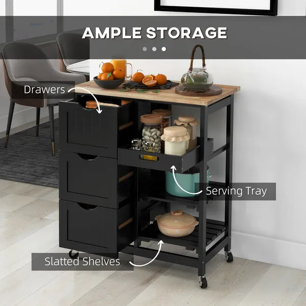 HOMCOM Kitchen Island on Wheels, Black, with Wood Top, Shelves and Drawers - product image 4