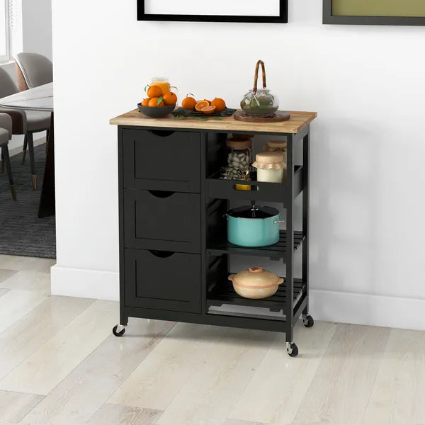 HOMCOM Kitchen Island on Wheels, Black, with Wood Top, Shelves and Drawers - product image 10